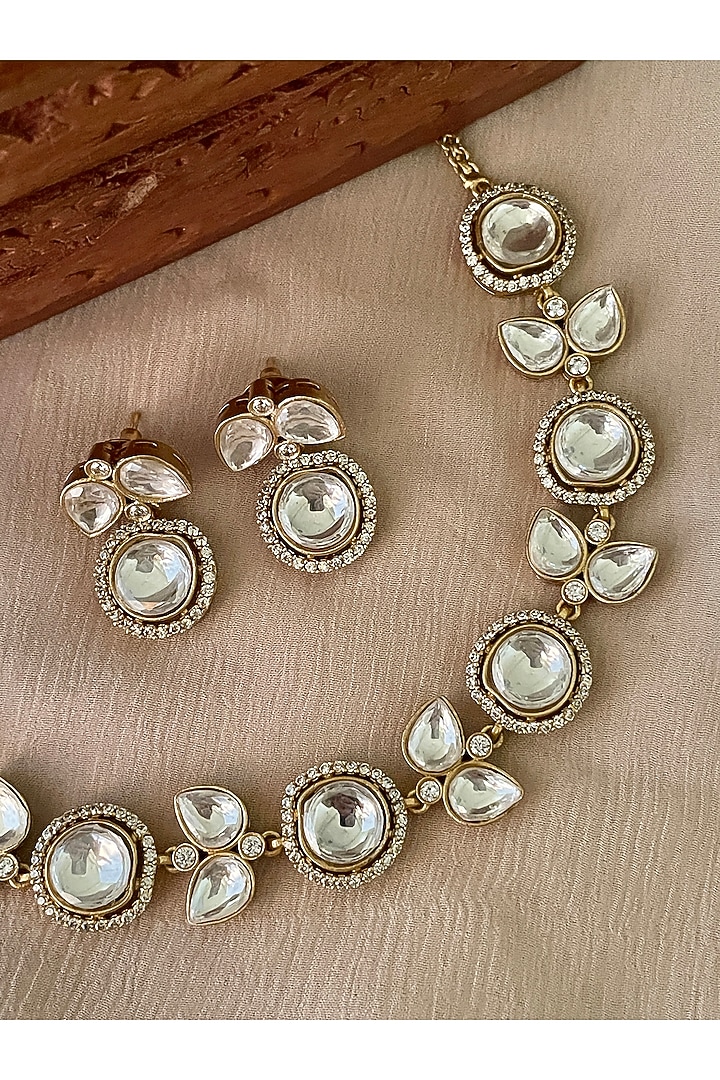 Gold Finish White Kundan Polki Choker Necklace Set by Saga Jewels at Pernia's Pop Up Shop