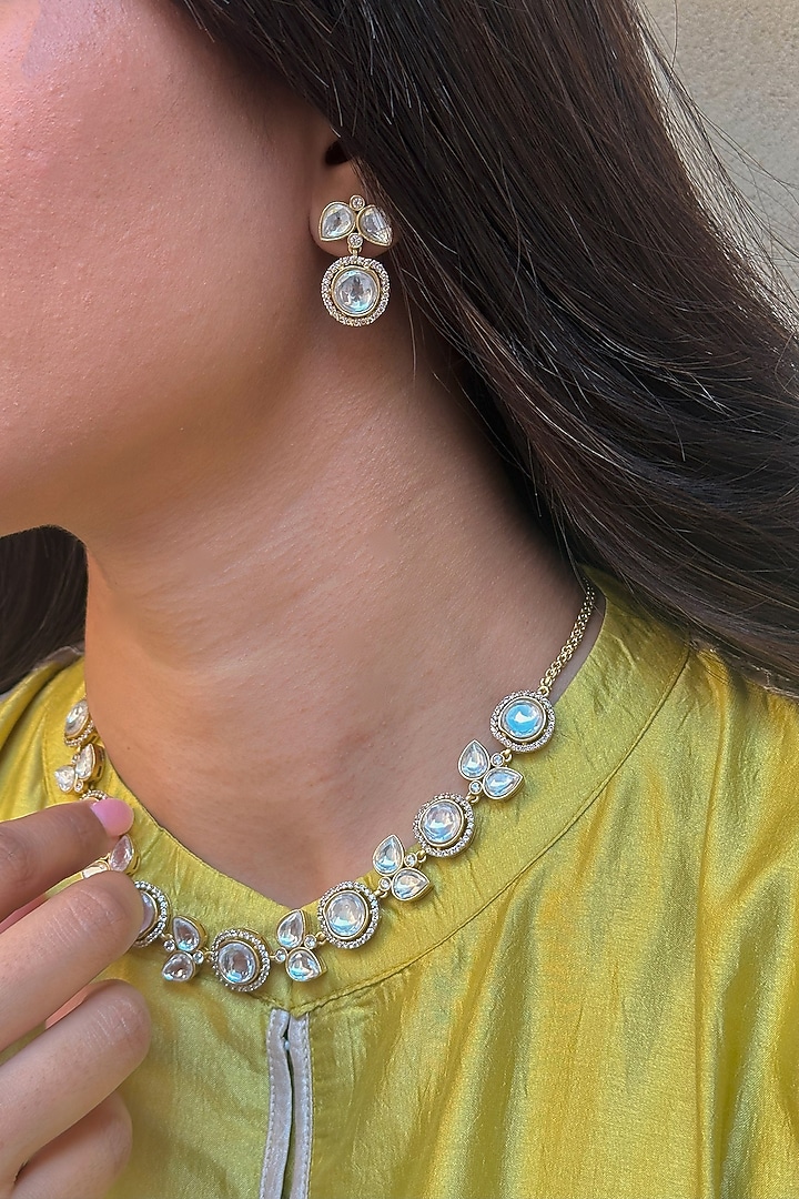 Gold Finish White Kundan Polki Choker Necklace Set by Saga Jewels at Pernia's Pop Up Shop