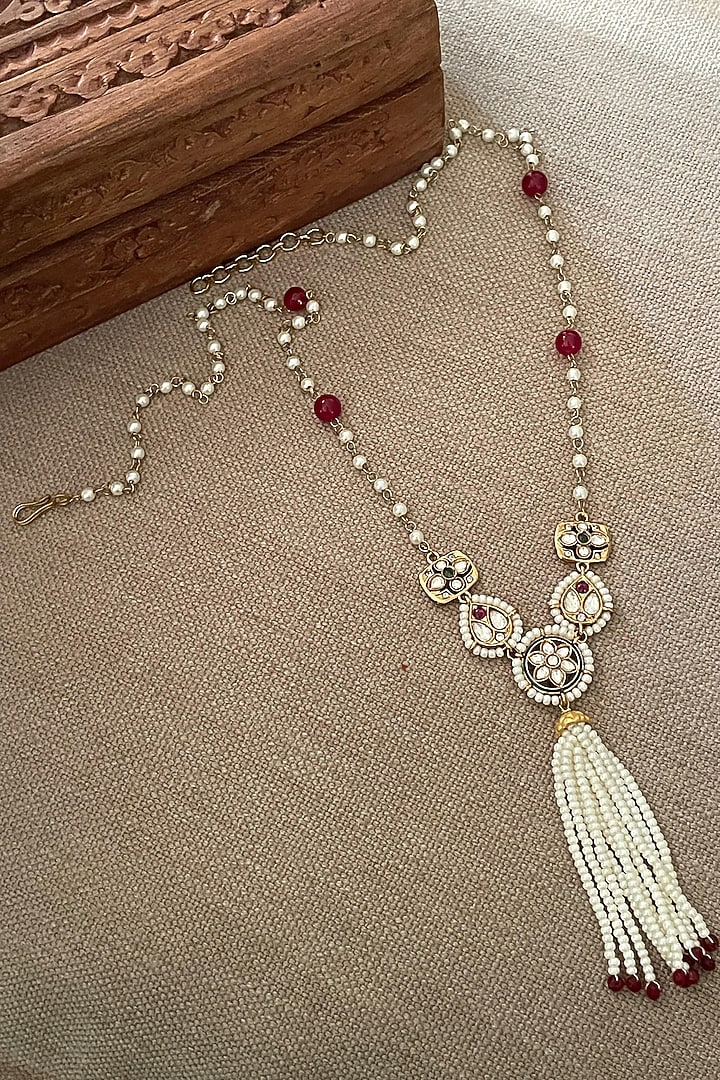 Gold Finish Pearl Long Tassel Necklace by Saga Jewels at Pernia's Pop Up Shop