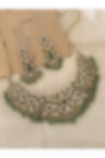 Gold Finish Green Kundan Polki Choker Necklace Set by Saga Jewels at Pernia's Pop Up Shop