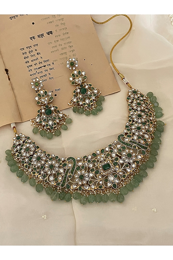 Gold Finish Green Kundan Polki Choker Necklace Set by Saga Jewels at Pernia's Pop Up Shop