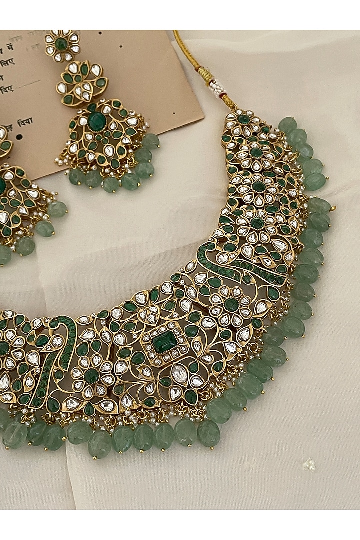 Gold Finish Green Kundan Polki Choker Necklace Set by Saga Jewels at Pernia's Pop Up Shop