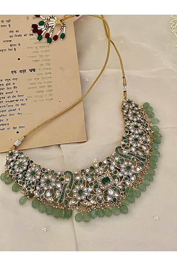 Gold Finish Green Kundan Polki Choker Necklace Set by Saga Jewels at Pernia's Pop Up Shop