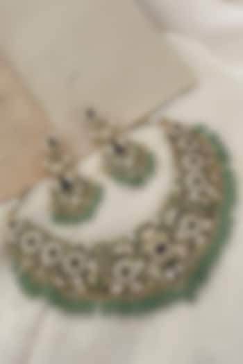 Gold Finish Green Kundan Polki Choker Necklace Set by Saga Jewels at Pernia's Pop Up Shop