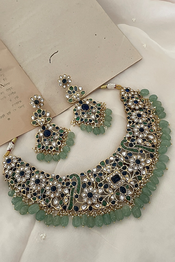 Gold Finish Green Kundan Polki Choker Necklace Set by Saga Jewels at Pernia's Pop Up Shop