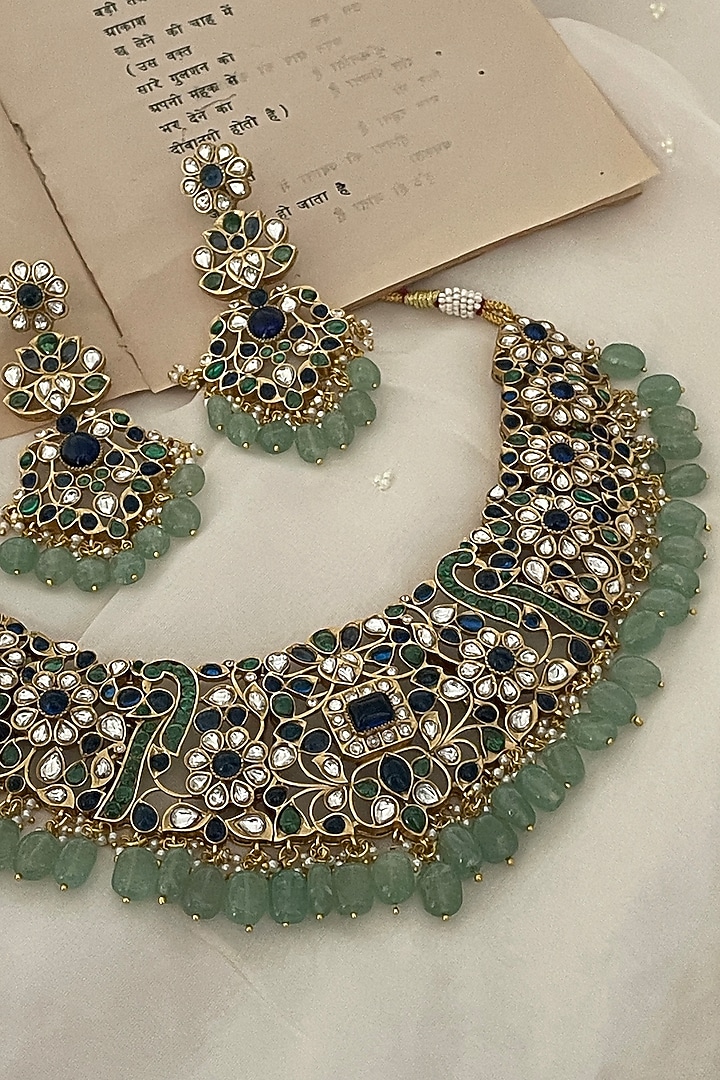 Gold Finish Green Kundan Polki Choker Necklace Set by Saga Jewels at Pernia's Pop Up Shop