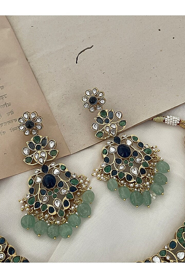 Gold Finish Green Kundan Polki Choker Necklace Set by Saga Jewels at Pernia's Pop Up Shop
