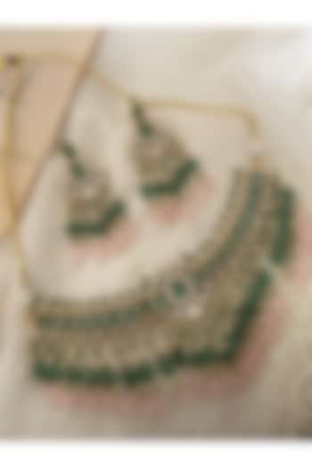 Gold Finish Kundan Polki & Blush Pink Beaded Choker Necklace Set by Saga Jewels at Pernia's Pop Up Shop