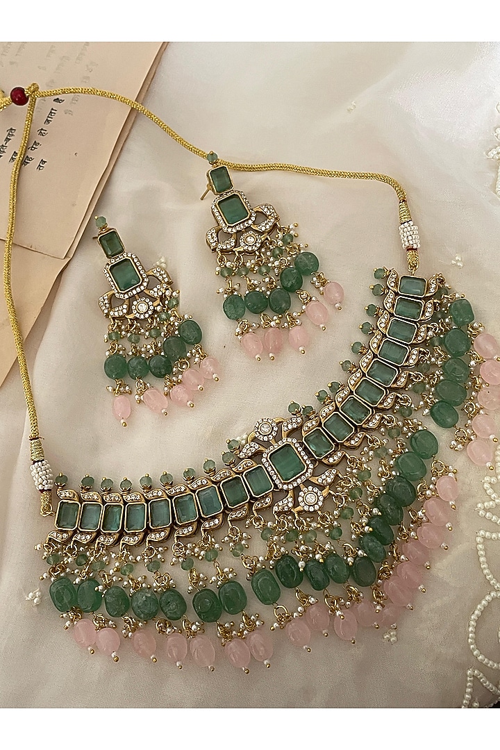 Gold Finish Kundan Polki & Blush Pink Beaded Choker Necklace Set by Saga Jewels at Pernia's Pop Up Shop