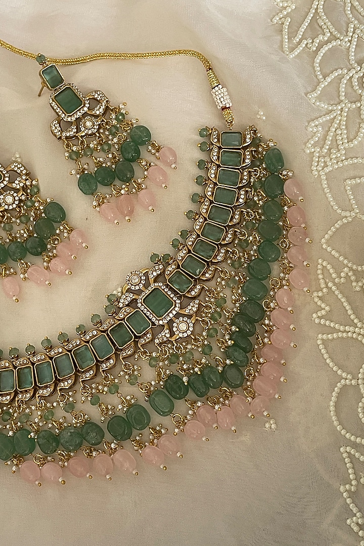 Gold Finish Kundan Polki & Blush Pink Beaded Choker Necklace Set by Saga Jewels at Pernia's Pop Up Shop