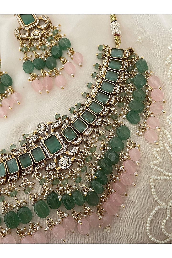 Gold Finish Kundan Polki & Blush Pink Beaded Choker Necklace Set by Saga Jewels at Pernia's Pop Up Shop