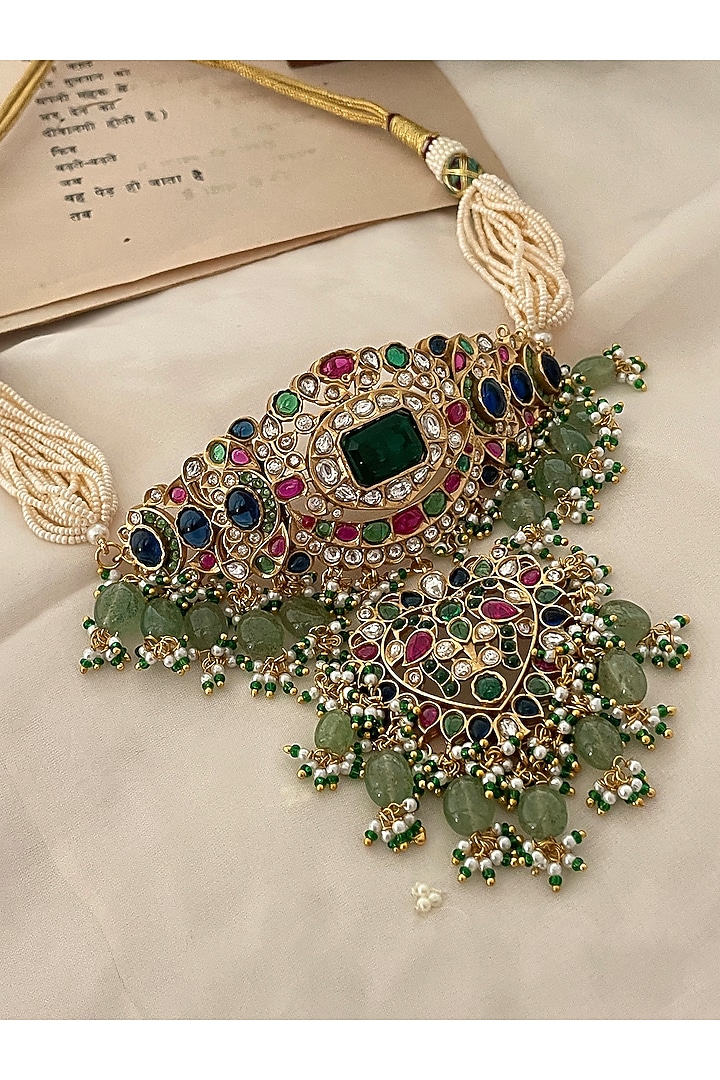 Gold Finish Kundan Polki & Pearl Choker Necklace Set by Saga Jewels at Pernia's Pop Up Shop