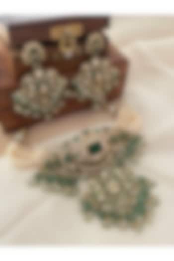 Gold Finish Green Kundan Polki & Pearl Choker Necklace Set by Saga Jewels at Pernia's Pop Up Shop