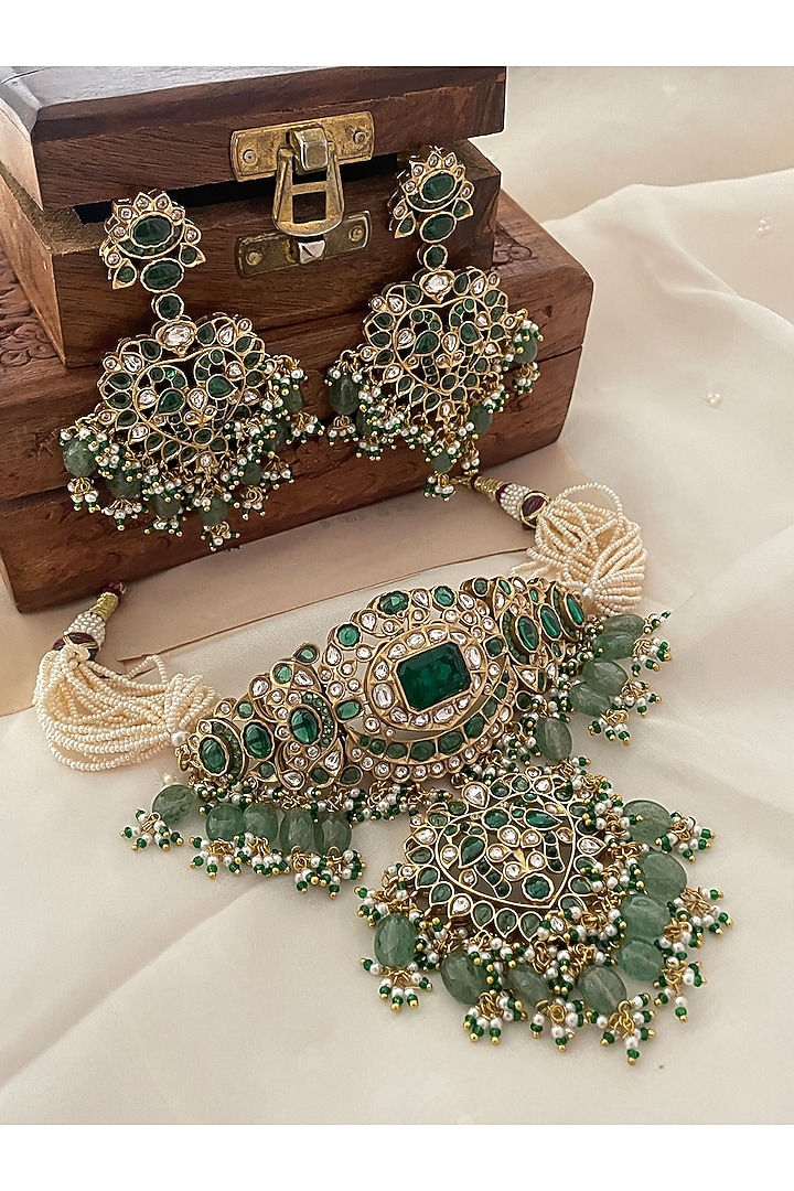 Gold Finish Green Kundan Polki & Pearl Choker Necklace Set by Saga Jewels at Pernia's Pop Up Shop