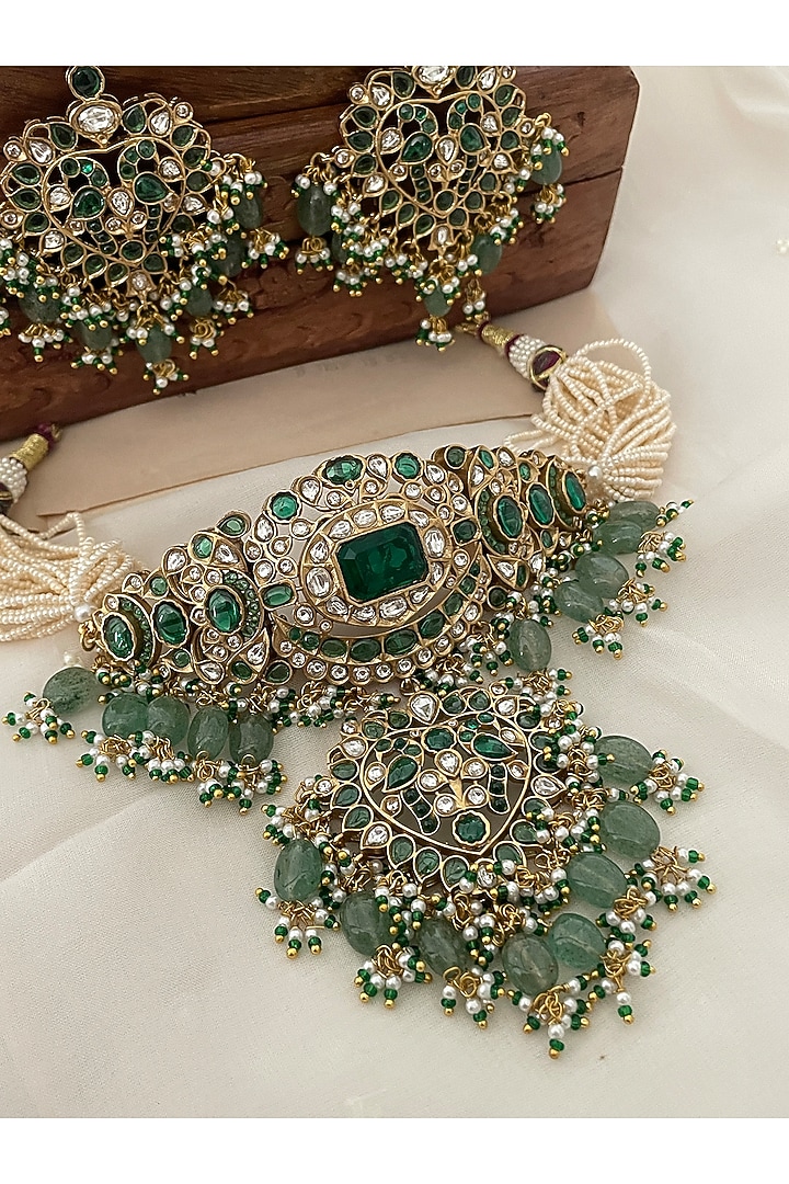 Gold Finish Green Kundan Polki & Pearl Choker Necklace Set by Saga Jewels at Pernia's Pop Up Shop