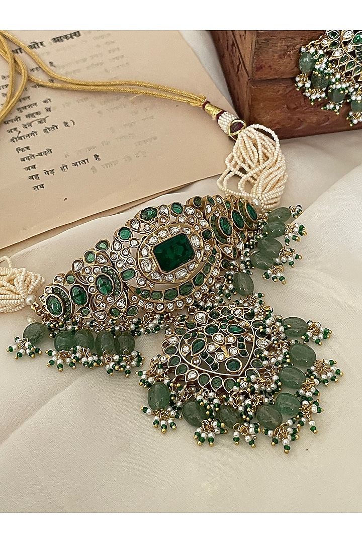 Gold Finish Green Kundan Polki & Pearl Choker Necklace Set by Saga Jewels at Pernia's Pop Up Shop