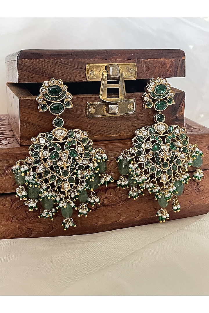 Gold Finish Green Kundan Polki & Pearl Choker Necklace Set by Saga Jewels at Pernia's Pop Up Shop