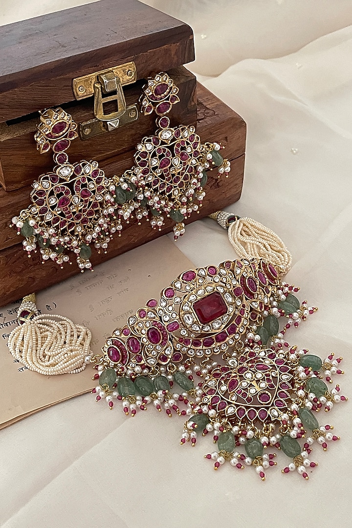 Gold Finish Kundan Polki & Pearl Choker Necklace Set by Saga Jewels at Pernia's Pop Up Shop