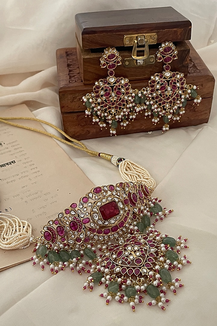 Gold Finish Kundan Polki & Pearl Choker Necklace Set by Saga Jewels at Pernia's Pop Up Shop