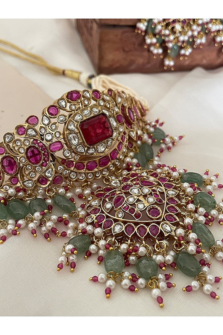 Gold Finish Kundan Polki & Pearl Choker Necklace Set by Saga Jewels at Pernia's Pop Up Shop