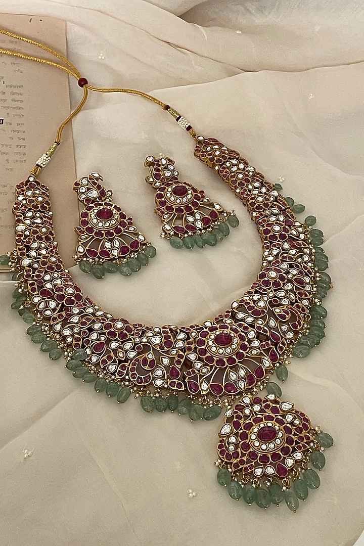 Gold Finish Red Kundan Polki Choker Necklace Set by Saga Jewels at Pernia's Pop Up Shop