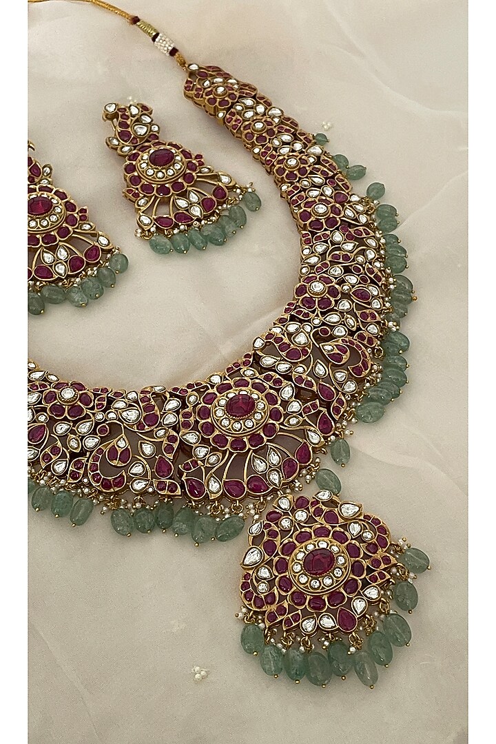 Gold Finish Red Kundan Polki Choker Necklace Set by Saga Jewels at Pernia's Pop Up Shop