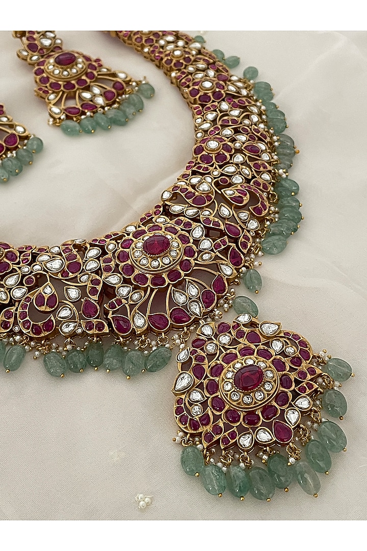 Gold Finish Red Kundan Polki Choker Necklace Set by Saga Jewels at Pernia's Pop Up Shop