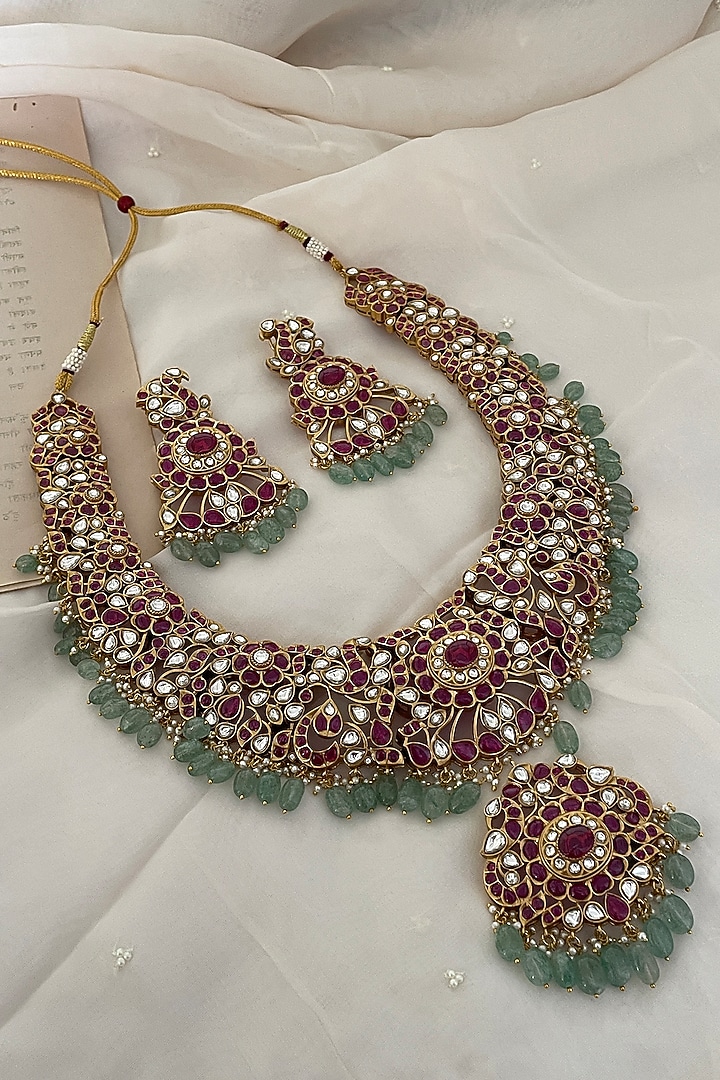 Gold Finish Red Kundan Polki Choker Necklace Set by Saga Jewels at Pernia's Pop Up Shop