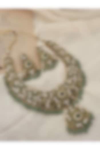 Gold Finish Green Kundan Polki & Beaded Choker Necklace Set by Saga Jewels at Pernia's Pop Up Shop