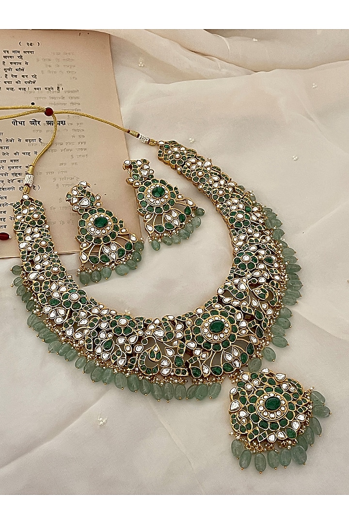 Gold Finish Green Kundan Polki & Beaded Choker Necklace Set by Saga Jewels at Pernia's Pop Up Shop