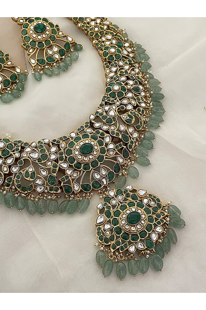 Gold Finish Green Kundan Polki & Beaded Choker Necklace Set by Saga Jewels at Pernia's Pop Up Shop
