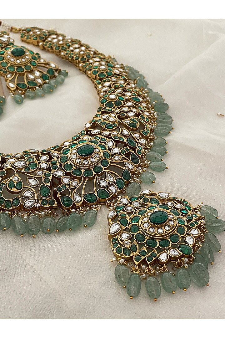 Gold Finish Green Kundan Polki & Beaded Choker Necklace Set by Saga Jewels at Pernia's Pop Up Shop