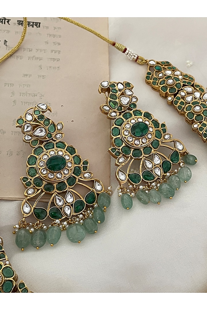 Gold Finish Green Kundan Polki & Beaded Choker Necklace Set by Saga Jewels at Pernia's Pop Up Shop