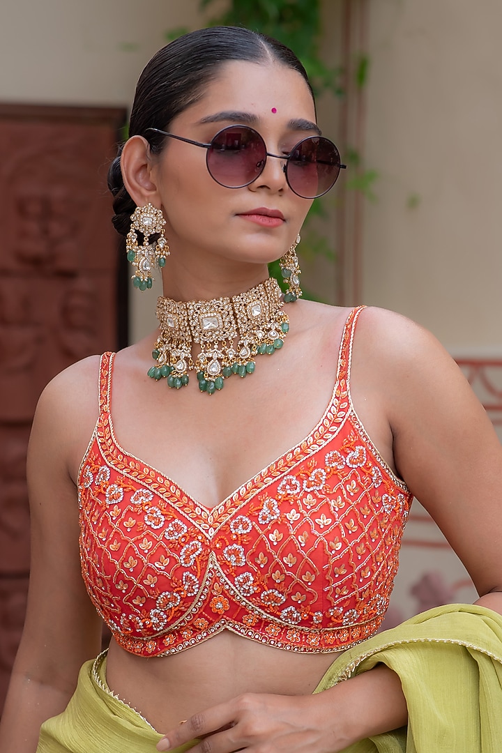 Gold Finish Green Kundan Polki Choker Necklace Set by Saga Jewels at Pernia's Pop Up Shop