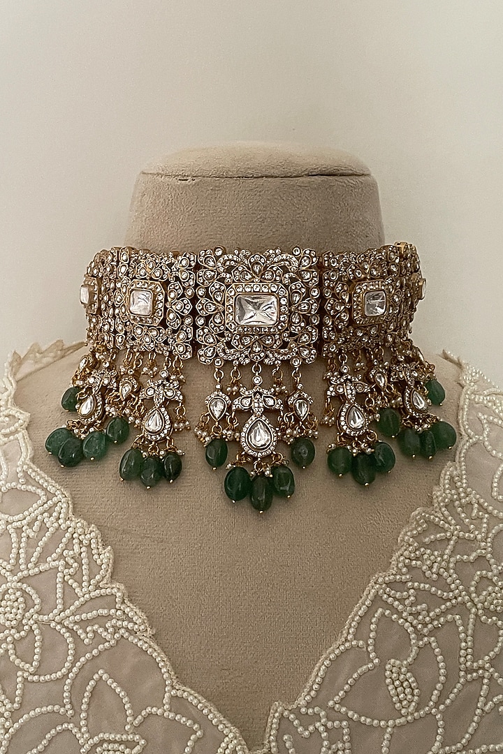 Gold Finish Green Kundan Polki Choker Necklace Set by Saga Jewels at Pernia's Pop Up Shop