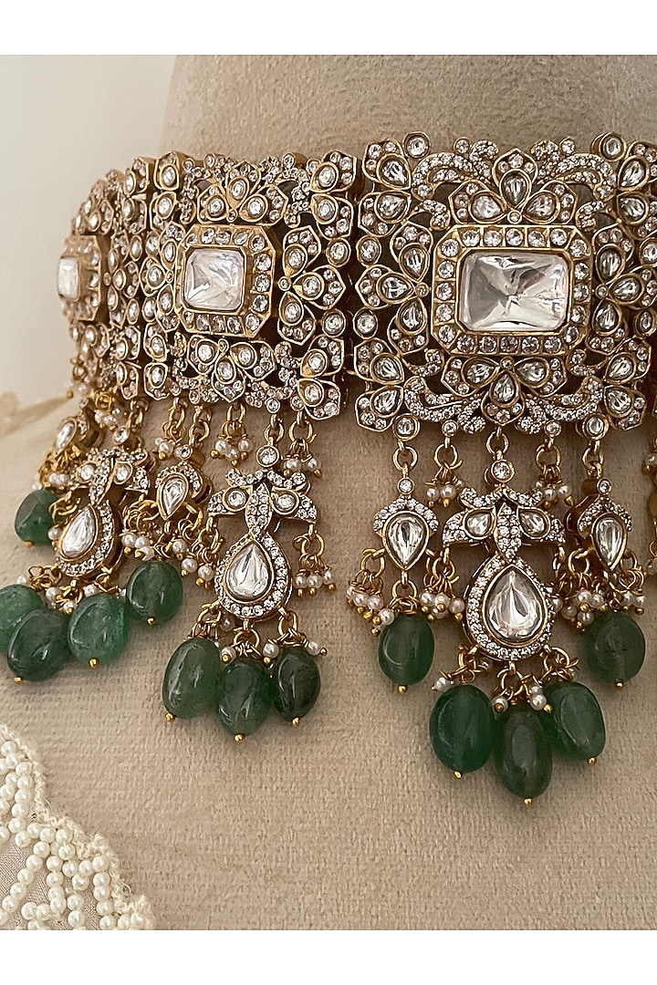Gold Finish Green Kundan Polki Choker Necklace Set by Saga Jewels at Pernia's Pop Up Shop