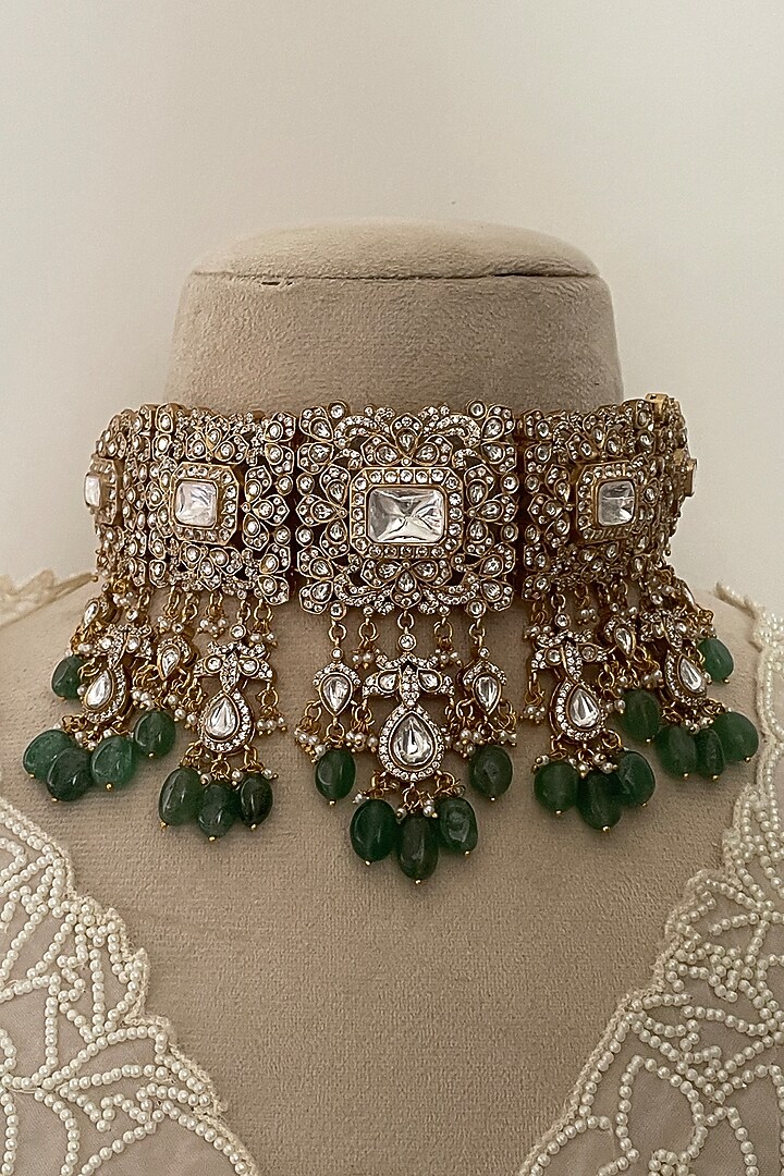 Gold Finish Green Kundan Polki Choker Necklace Set by Saga Jewels at Pernia's Pop Up Shop