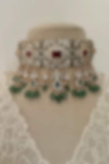 Gold Finish Multi-Colored Kundan Polki Choker Necklace Set by Saga Jewels at Pernia's Pop Up Shop