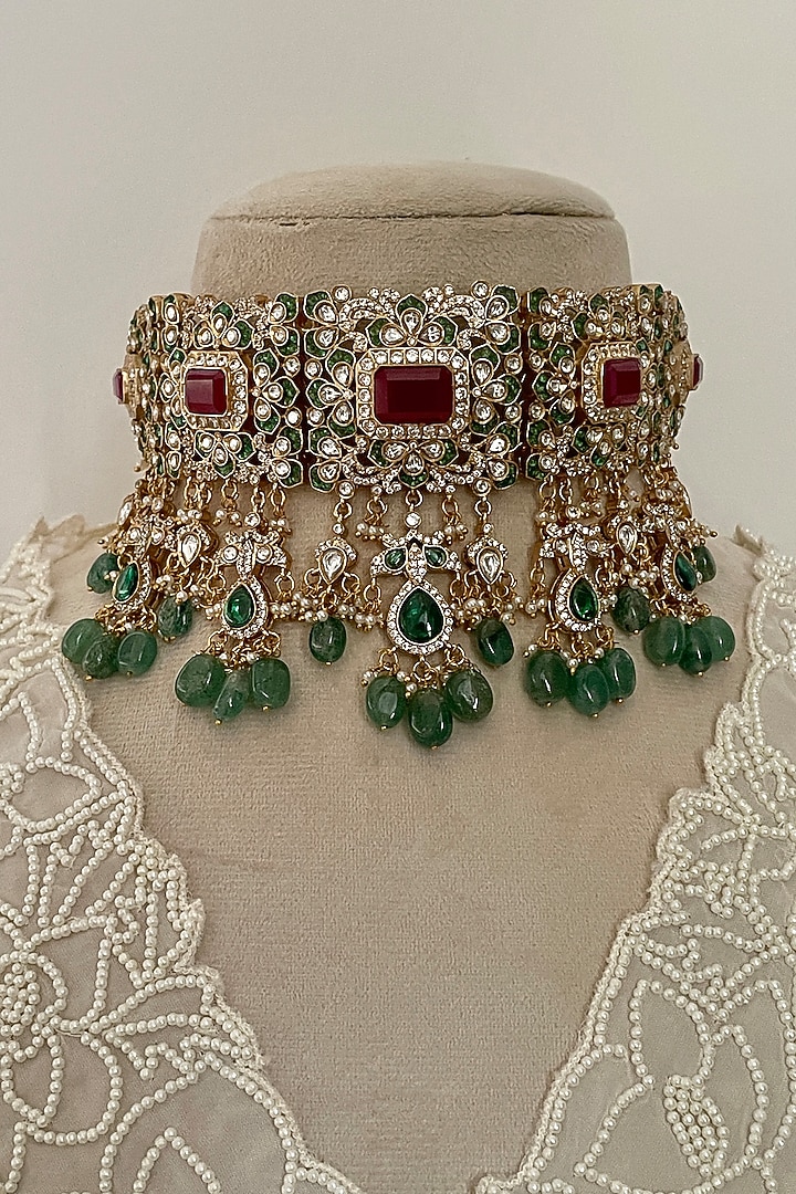 Gold Finish Multi-Colored Kundan Polki Choker Necklace Set by Saga Jewels at Pernia's Pop Up Shop