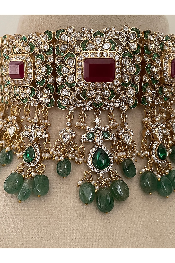 Gold Finish Multi-Colored Kundan Polki Choker Necklace Set by Saga Jewels at Pernia's Pop Up Shop