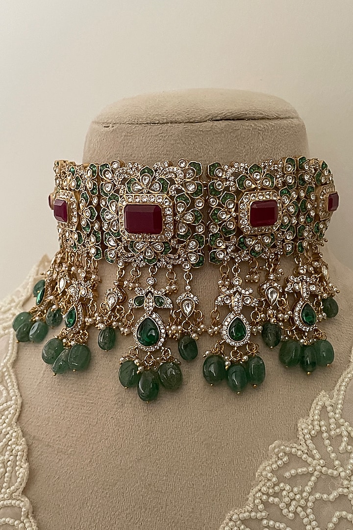Gold Finish Multi-Colored Kundan Polki Choker Necklace Set by Saga Jewels at Pernia's Pop Up Shop