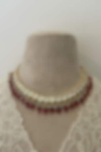 Gold Finish Kundan Polki & Red Beaded Choker Necklace Set by Saga Jewels at Pernia's Pop Up Shop