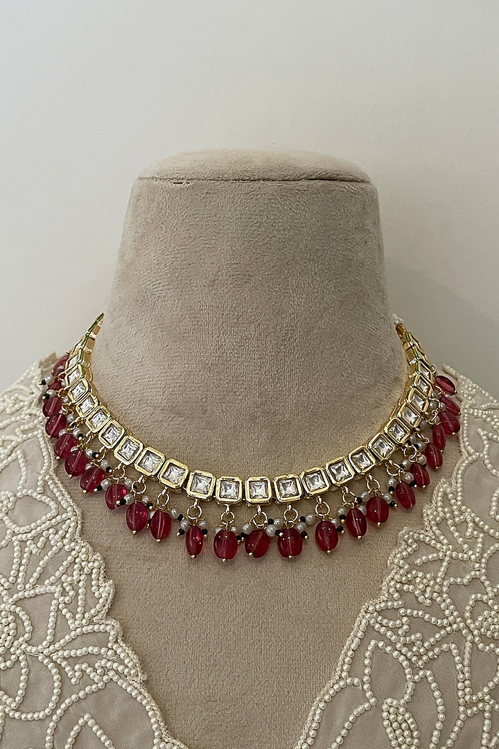 Gold Finish Kundan Polki & Red Beaded Choker Necklace Set by Saga Jewels at Pernia's Pop Up Shop