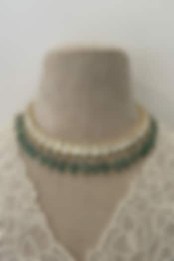 Gold Finish Kundan Polki & Green Beaded Choker Necklace Set by Saga Jewels at Pernia's Pop Up Shop