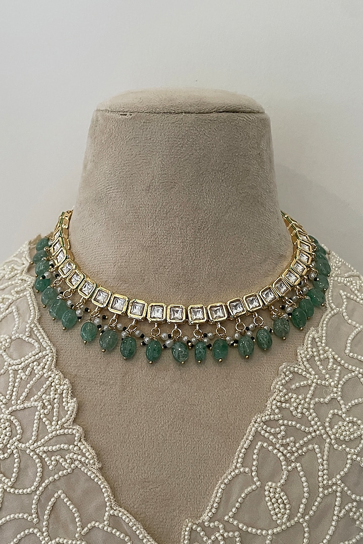 Gold Finish Kundan Polki & Green Beaded Choker Necklace Set by Saga Jewels at Pernia's Pop Up Shop