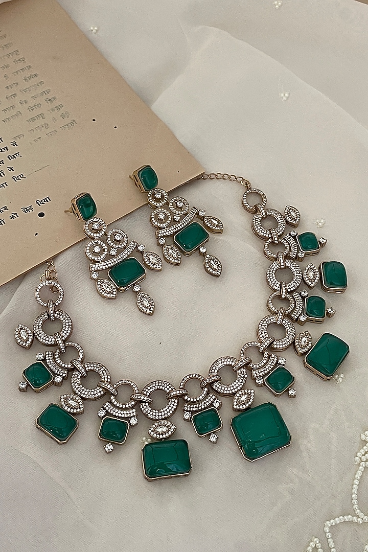 Gold Finish Zircon & Green Stone Choker Necklace Set by Saga Jewels at Pernia's Pop Up Shop