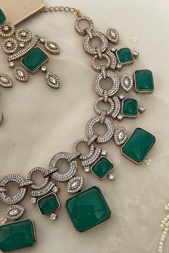 Gold Finish Zircon & Green Stone Choker Necklace Set by Saga Jewels at Pernia's Pop Up Shop