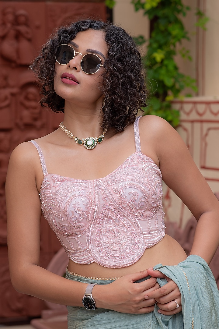 Gold Finish Green Kundan Polki & Pearl Enameled Choker Necklace Set by Saga Jewels at Pernia's Pop Up Shop