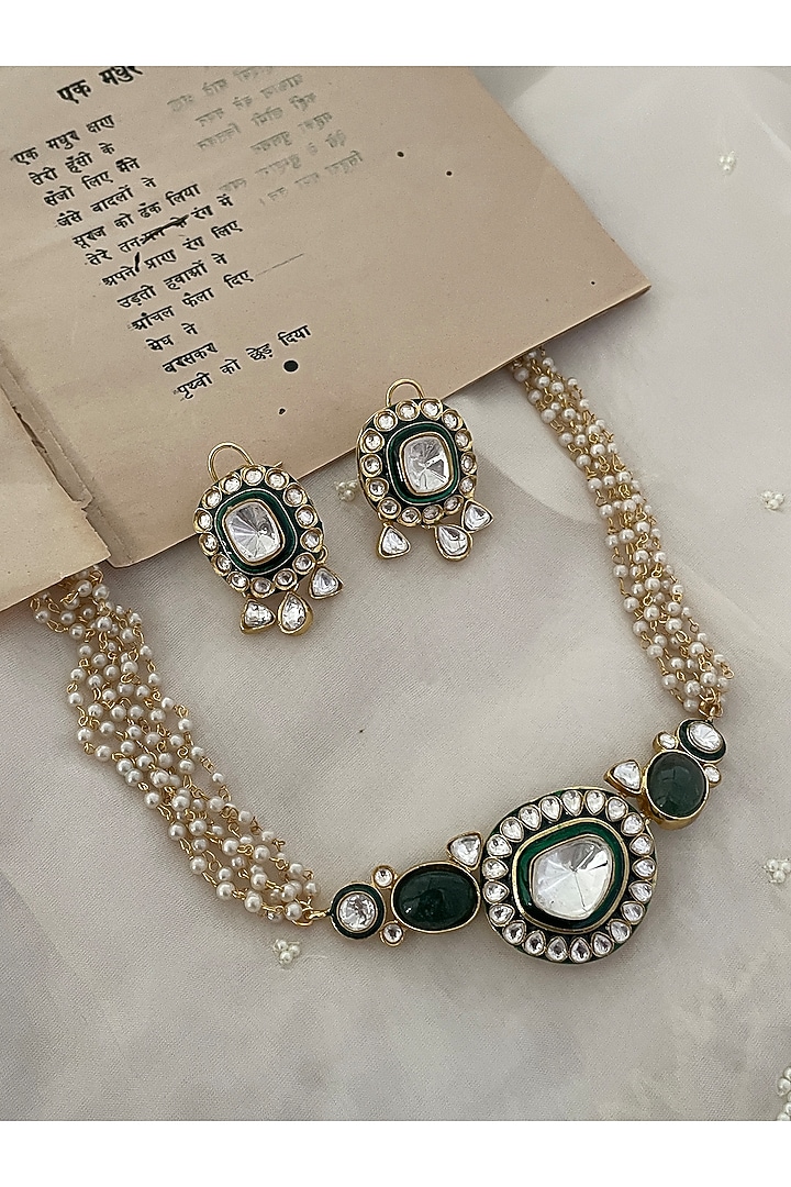 Gold Finish Green Kundan Polki & Pearl Enameled Choker Necklace Set by Saga Jewels at Pernia's Pop Up Shop