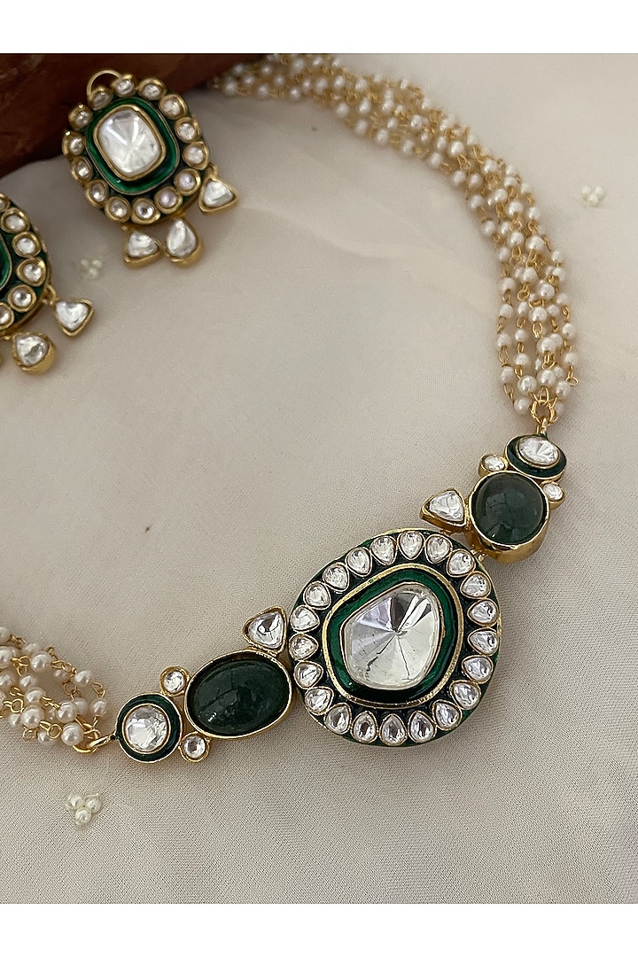 Gold Finish Green Kundan Polki & Pearl Enameled Choker Necklace Set by Saga Jewels at Pernia's Pop Up Shop